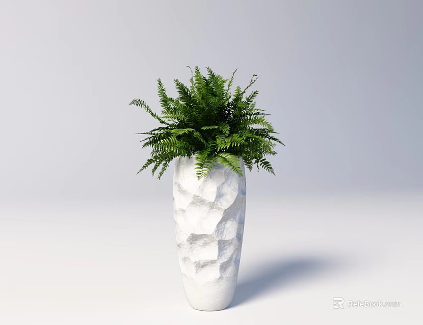 Green Potted Fern Plant In White Irregular Textured Vase On Light Gray Background 3d model 