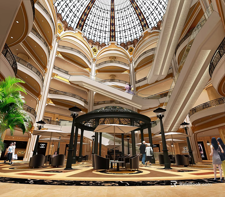 Shopping Mall Lobby With Multi Level Arched Architecture Glass Dome Ceiling Green Plants And Escalators 3d model 