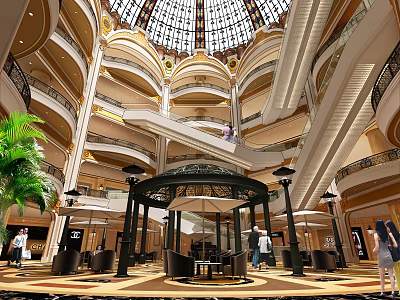 Shopping Mall Lobby With Multi Level Arched Architecture Glass Dome Ceiling Green Plants And Escalators 3d model