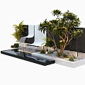 Modern Black Panel Garden Feature Wall With Lush Tree Green Plants And Water Basin