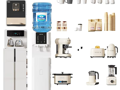 Essential Home Kitchen Appliances Including Water Dispenser Coffee Maker Toaster Rice Cooker And Blender 3d model