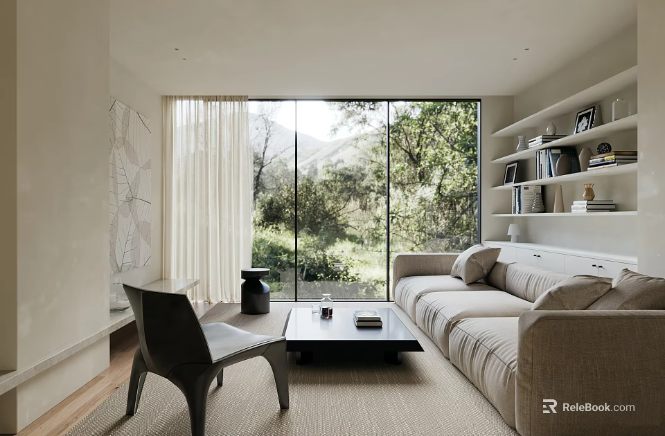 Modern Living Room Interior Design With Large Windows Natural View Beige Sofa Bookshelves And Rug 3d model 