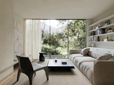 Modern Living Room Interior Design With Large Windows Natural View Beige Sofa Bookshelves And Rug 3d model