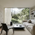 Modern Living Room Interior Design With Large Windows Natural View Beige Sofa Bookshelves And Rug