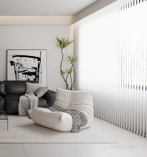 Comfortable White Lounge Chair In Modern Living Room With Black Sofa And Potted Plant 3d model 