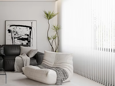 Comfortable White Lounge Chair In Modern Living Room With Black Sofa And Potted Plant 3d model