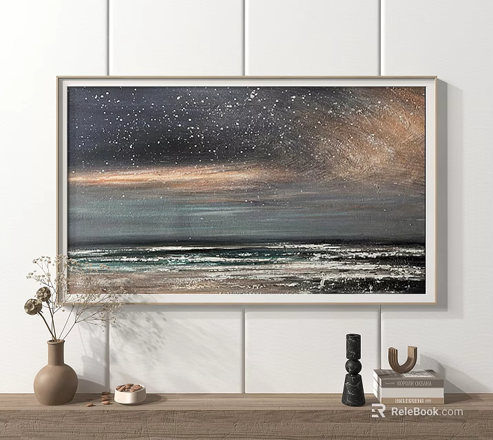 Starry Sky Ocean Waves Painting With Wall Decorative Elements And Natural Accents 3d model 