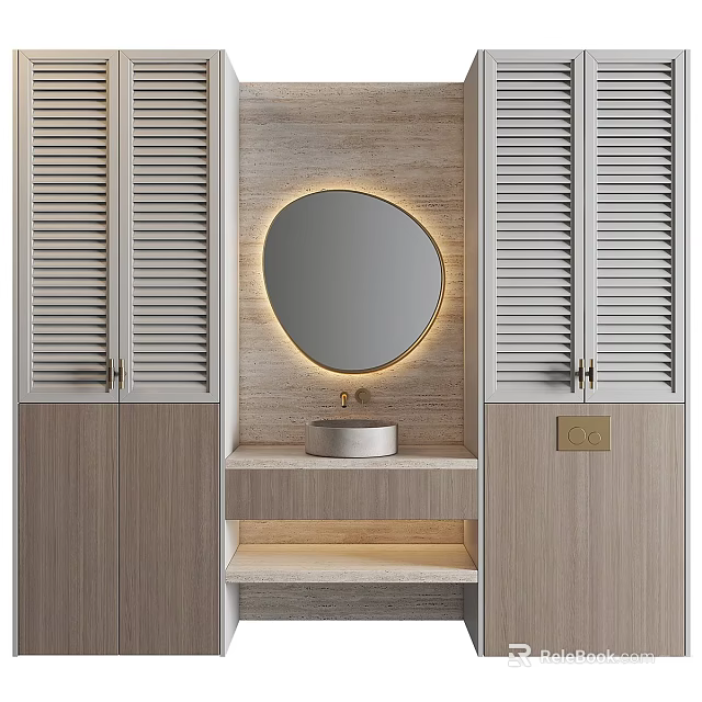 Modern Bathroom Vanity With Oval Backlit Mirror And Shutter Style Cabinets 3d model