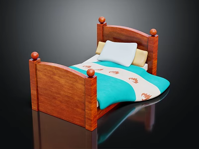 Single Bed With Wooden Frame Round Decorative Knobs Blue Quilt And Pillows 3d model