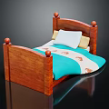 Single Bed With Wooden Frame Round Decorative Knobs Blue Quilt And Pillows 3d model
