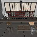 Elegant Modern Tea Room Featuring Long Wooden Table Bamboo Screen Red Shelf And Tea Sets