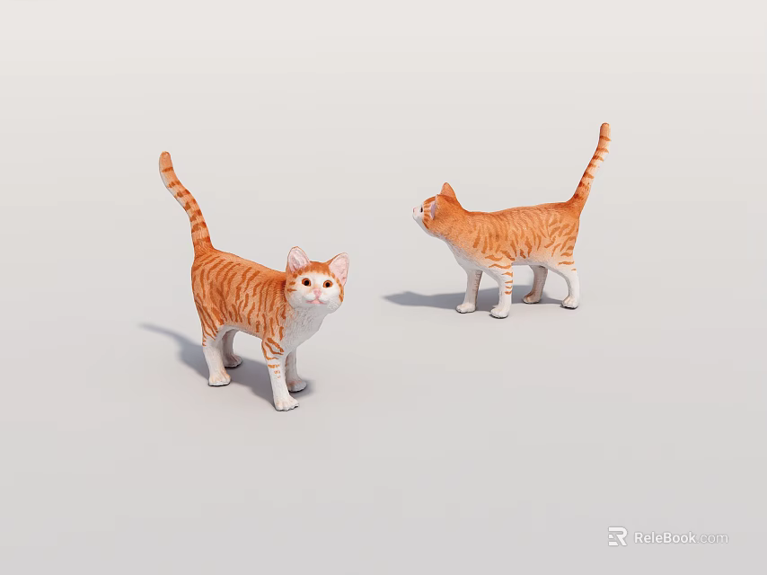 Two Orange And White Cat Figurines Standing On Gray Background Surface 3d model 