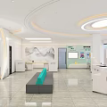 Modern Service Hall Interior With White Counters Glass Windows Self Service Machines And Turquoise Benches