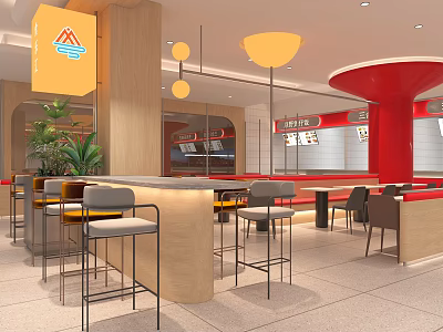 Modern Restaurant Interior With Wooden Elements Counter Seating Pendant Lights Red Decor And Green Plants 3d model