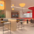 Modern Restaurant Interior With Wooden Elements Counter Seating Pendant Lights Red Decor And Green Plants