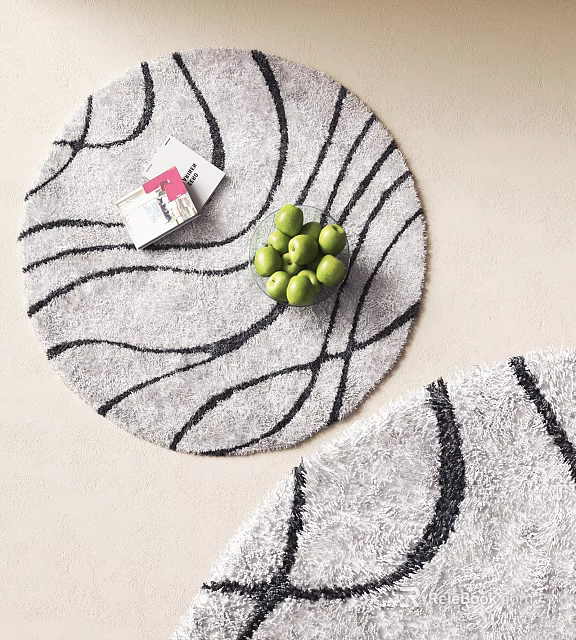 Gray Round Rug With Black Stripes And Green Apples For Home Interior Decor 3d model 
