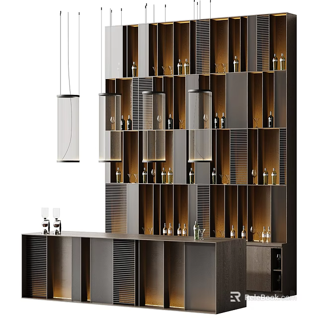 Modern Bar Interior Design With Hanging Lights And Wine Bottle Shelves 3d model 
