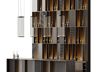 Modern Bar Interior Design With Hanging Lights And Wine Bottle Shelves 3d model