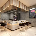 Modern Restaurant Interior With Open Kitchen Chef Counter Stools And Menu Boards