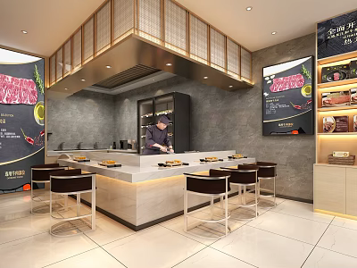 Modern Restaurant Interior With Open Kitchen Chef Counter Stools And Menu Boards 3d model
