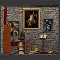 Cozy Study Room Interior With Brick Walls Red Curtains Bookshelf And Desk