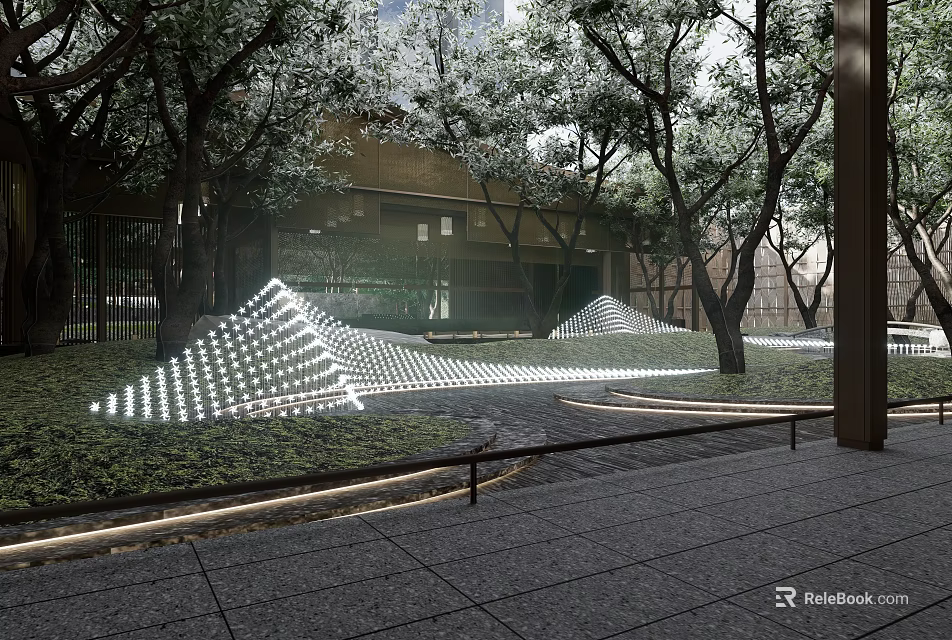 Modern Garden Landscape With Illuminated Geometric Patterns Trees Grass And Paved Pathways 3d model 