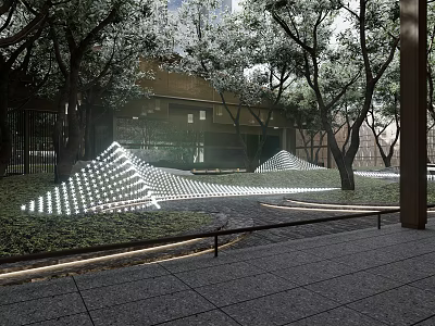 Modern Garden Landscape With Illuminated Geometric Patterns Trees Grass And Paved Pathways 3d model