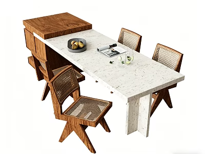 Wooden Dining Table With White Stone Top Drawers Rattan Chairs Fruit Bowl Magazine And Glass 3d model