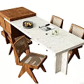 Wooden Dining Table With White Stone Top Drawers Rattan Chairs Fruit Bowl Magazine And Glass