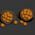 Fresh Oranges in Burlap Sacks with Scattered Fruits on Dark Background