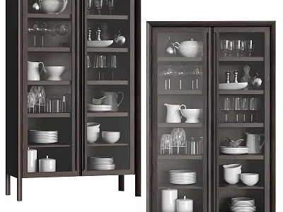 Dark Glass Door Cabinets Displaying Tableware 3d model