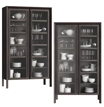 Dark Glass Door Cabinets Displaying Tableware 3d model