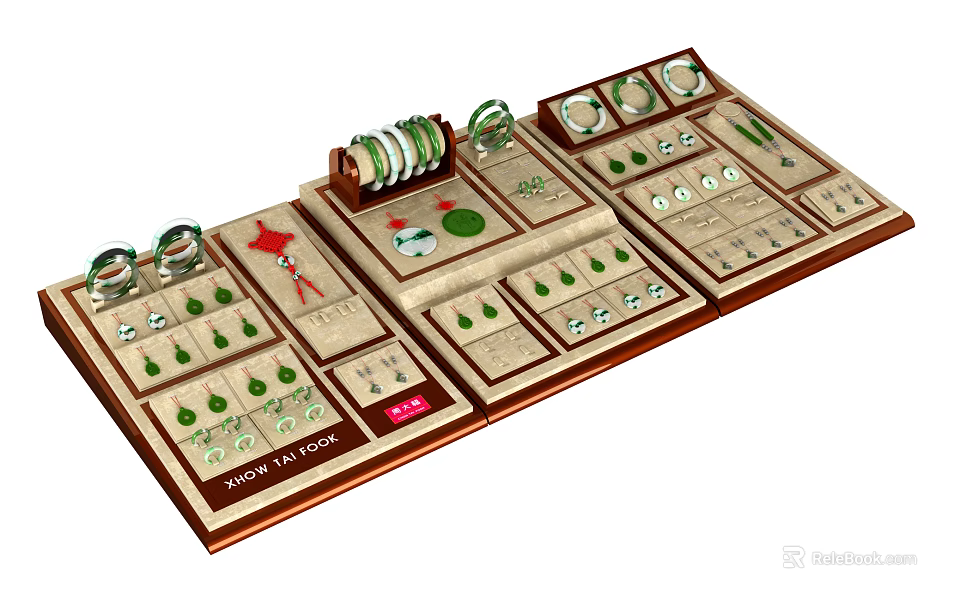 Jewelry Display Counter with Multiple Sections Showcasing Green Gemstone Rings Earrings and Necklaces 3d model 