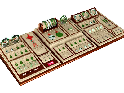 Jewelry Display Counter with Multiple Sections Showcasing Green Gemstone Rings Earrings and Necklaces 3d model