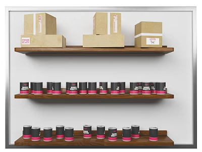 Wooden Shelves With Cardboard Boxes And Animal Themed Cans Display Setup 3d model