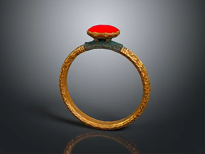 Elegant Gold Fashion Ring With Red Gemstone And Carved Patterns Design 3d model