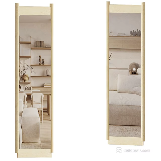 Floor Mirror With Wooden Frame Reflecting Workspace Bookshelf Table Chairs And Bedroom Bed Pillows Rug 3d model 