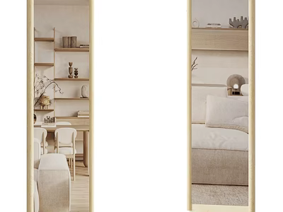 Floor Mirror With Wooden Frame Reflecting Workspace Bookshelf Table Chairs And Bedroom Bed Pillows Rug 3d model