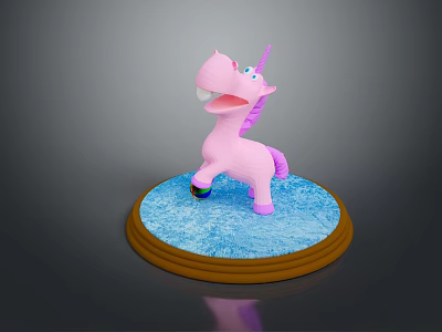 Pink Unicorn Toy Standing On Blue Round Base With Brown Edge Decoration 3d model