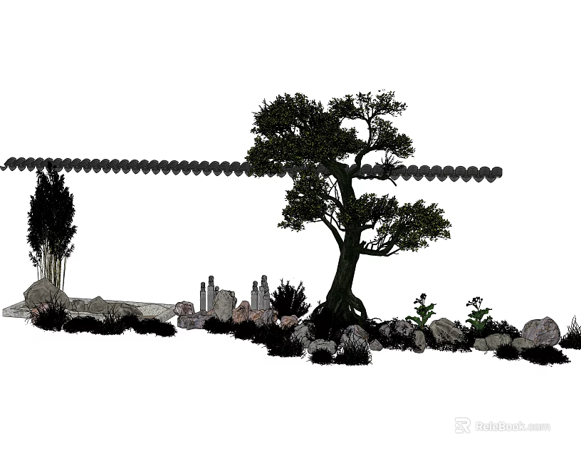Scenic Garden Landscape Design Featuring Mature Trees Rock Formations And Green Plants 3d model 