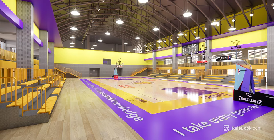 Basketball Gym Featuring Purple Yellow Court Mental Advantage Bleachers And Lighting 3d model 