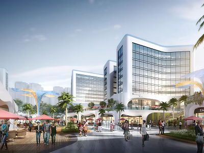Modern Residential Building With Public Plaza Palm Trees Commercial Shops And Pedestrian Activity 3d model