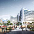 Modern Residential Building With Public Plaza Palm Trees Commercial Shops And Pedestrian Activity