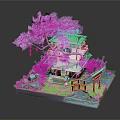 Cartoon Scenery With Purple Cherry Blossom Tree Green Traditional Building Red Bridge And Pond