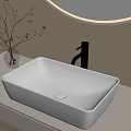 White Square Sink On Modern Bathroom Countertop With Glass Vase Green Leaves And Round Mirror