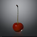 Fresh Red Cherry With Green Stem And Glossy Surface On Gray Background