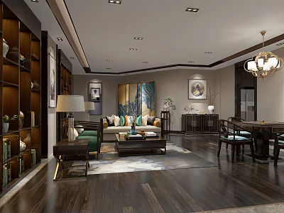 Chinese Modern Living And Dining Room Interior With Dark Wooden Floors Display Cabinets And Chandelier 3d model