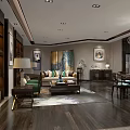 Chinese Modern Living And Dining Room Interior With Dark Wooden Floors Display Cabinets And Chandelier