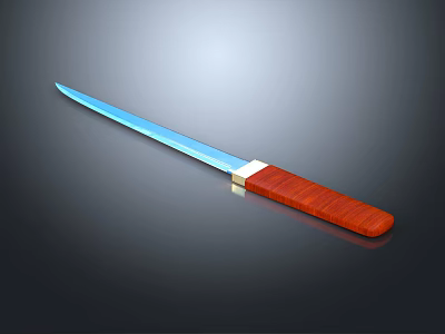 Kitchen Utility Knife With Blue Sharp Blade And Red Wooden Handle 3d model