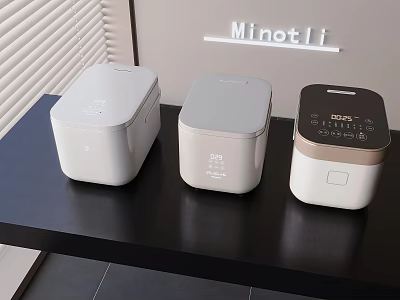 Modern Kitchen Appliances Three Rice Cookers With Different Designs On Black Countertop Minotli 3d model